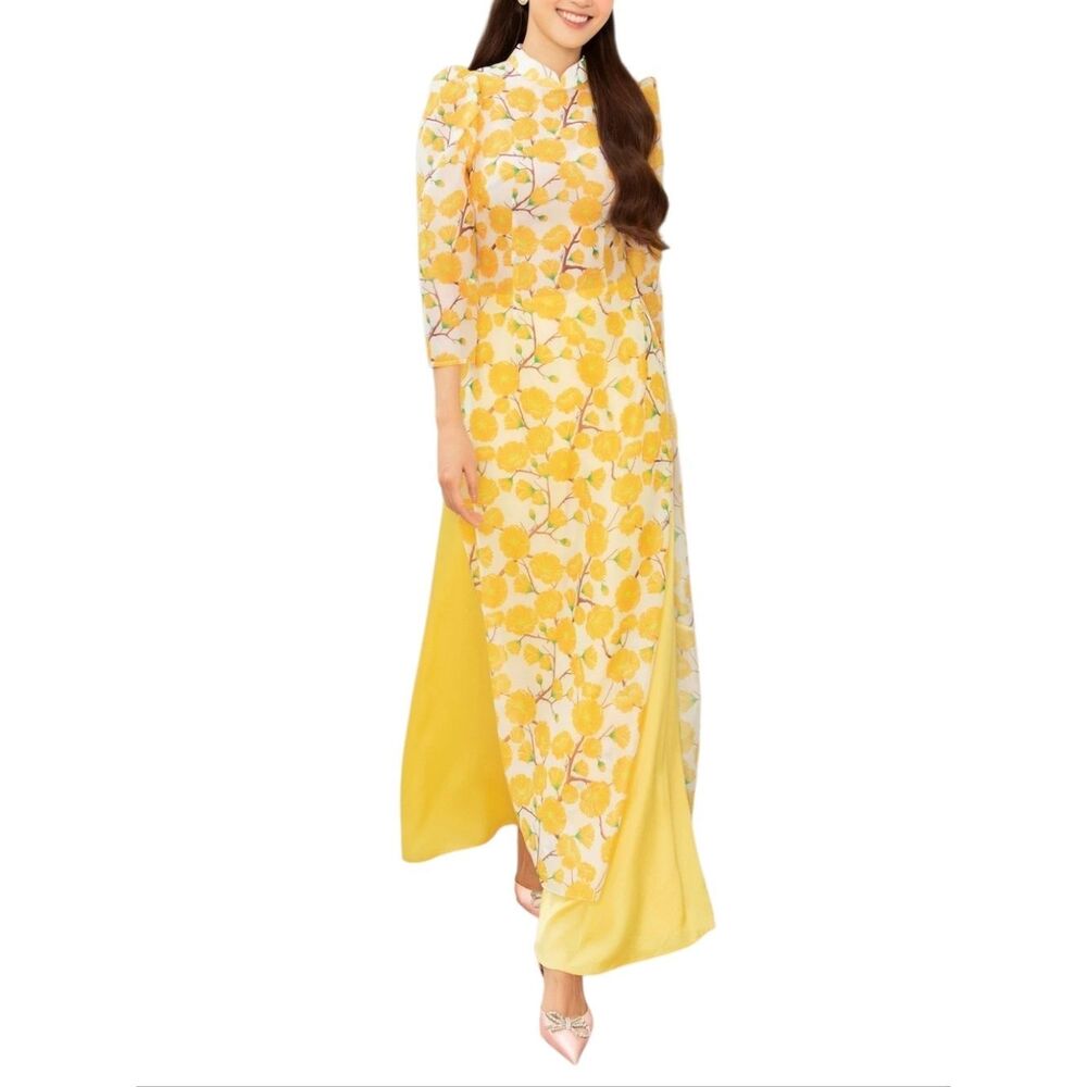 SIXDO Floral Puffed Sleeve Áo Dài Top Yellow Vietnamese Tunic Blouse